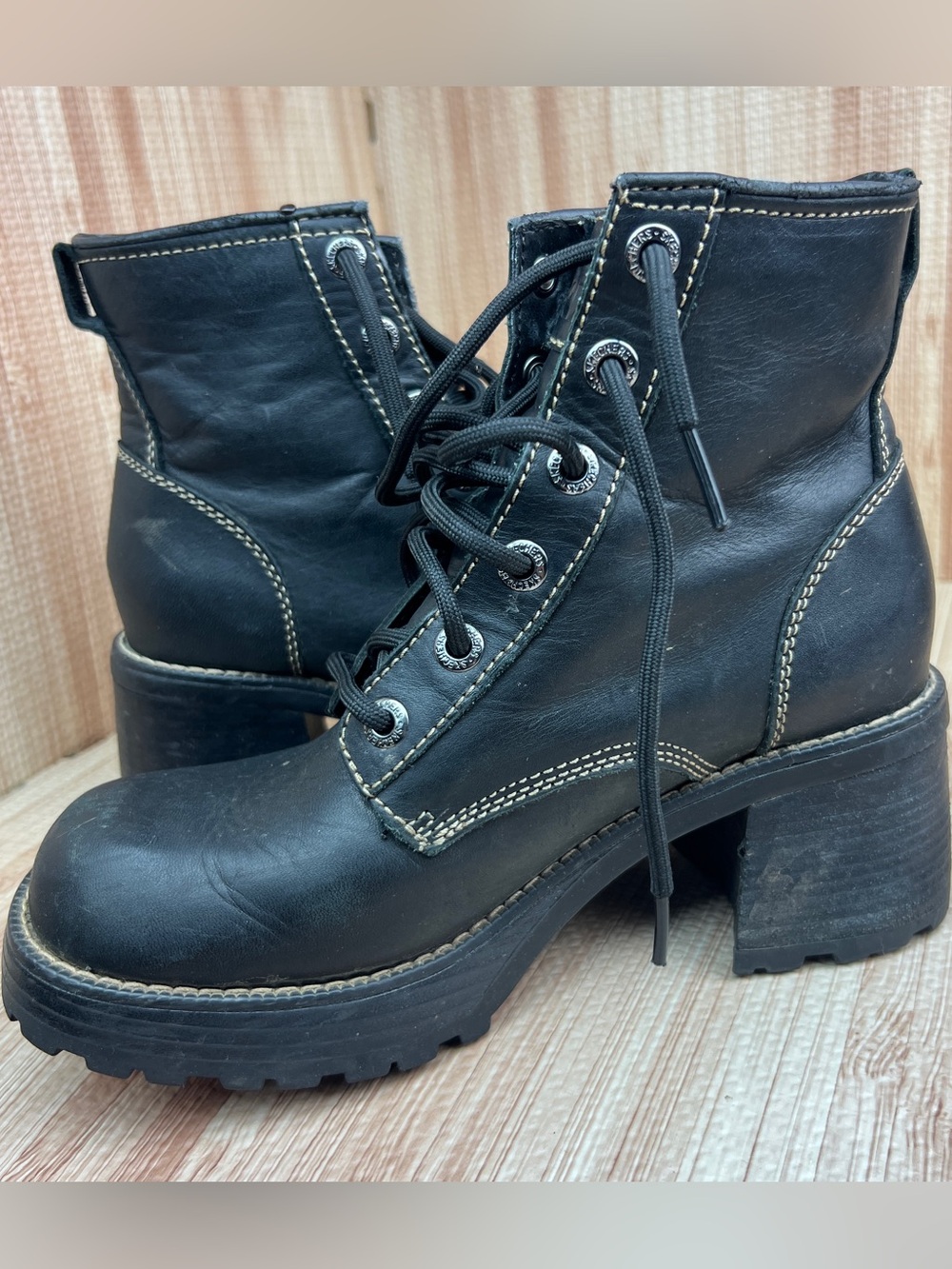 Vintage Skechers Chunky Heel Boots Womens Size 8 Black Lace Up 90s Y2K Combat - Picture 9 of 11